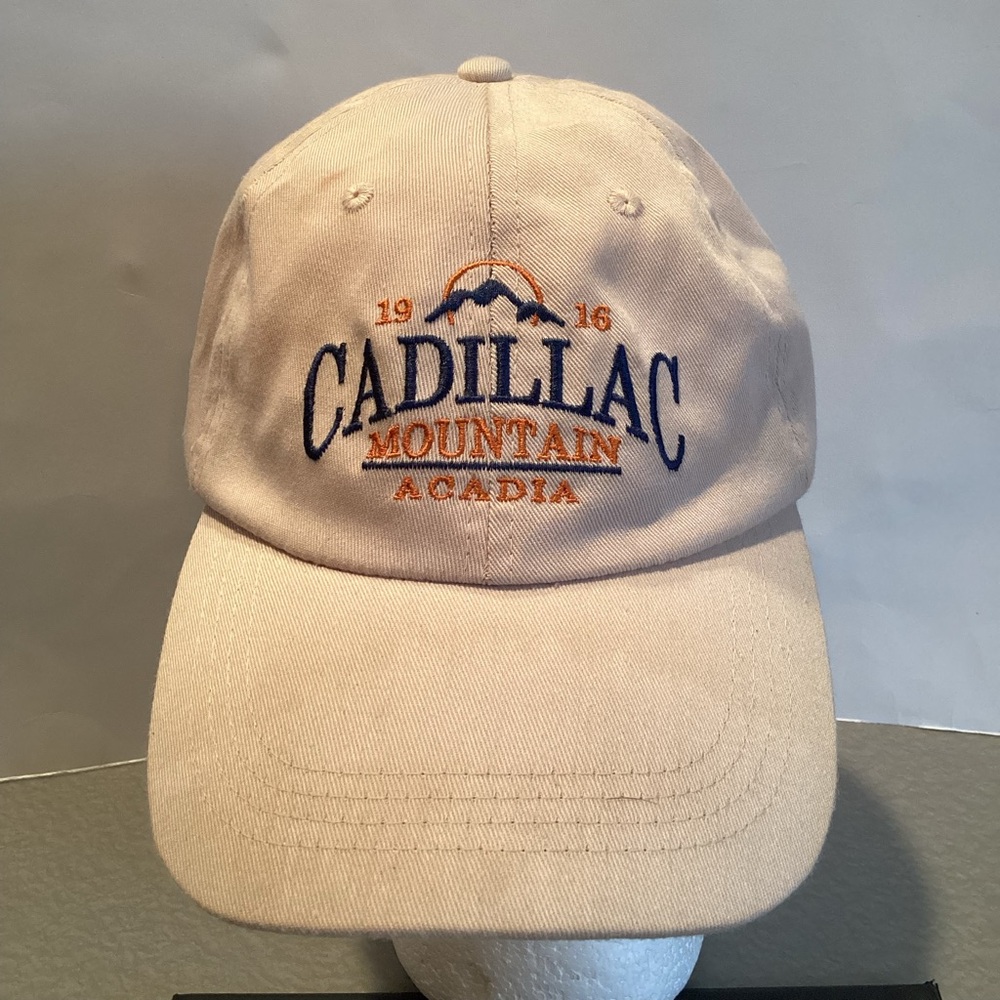 Cadillac Mountain Acadia Embroidered Cap, hide away adjustments strap, beige